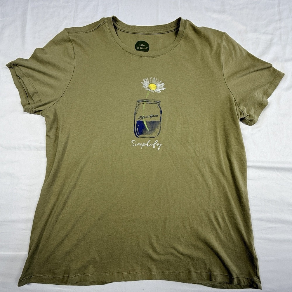Life Is Good Women's Green SS T-Shirt, Medium, Simplify 100% Cotton Flower
